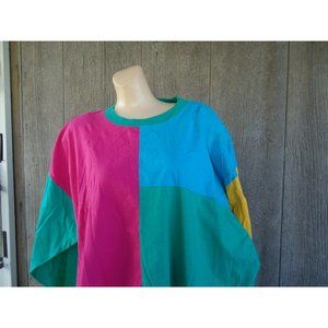 NOS Vtg 80s Shirt Colorblock Pink Turquoise  Oversized One Size 100% Cotton